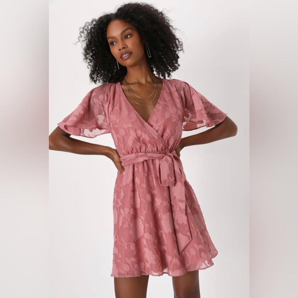 Lulus Flutter Forever Mauve Burnout Jacquard Flutter Sleeve Mini Dress
